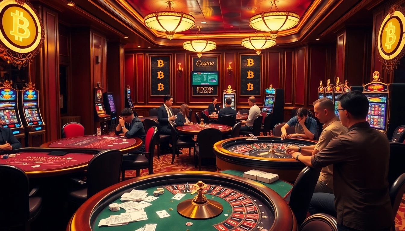 Engaged players enjoying a diverse range of games at a Bitcoin casino, showcasing excitement and elegance.