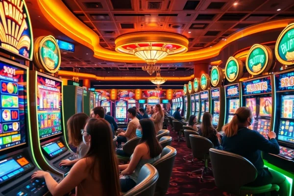 Jouer et gagner avec des machines à sous en ligne en argent réel dans un casino vibrant et coloré.