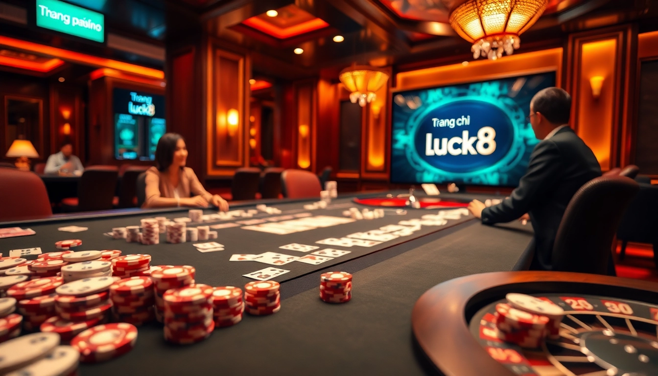 Engaging gamblers at Trang chủ Luck8 featured in a luxurious casino scene with poker chips and a roulette wheel.