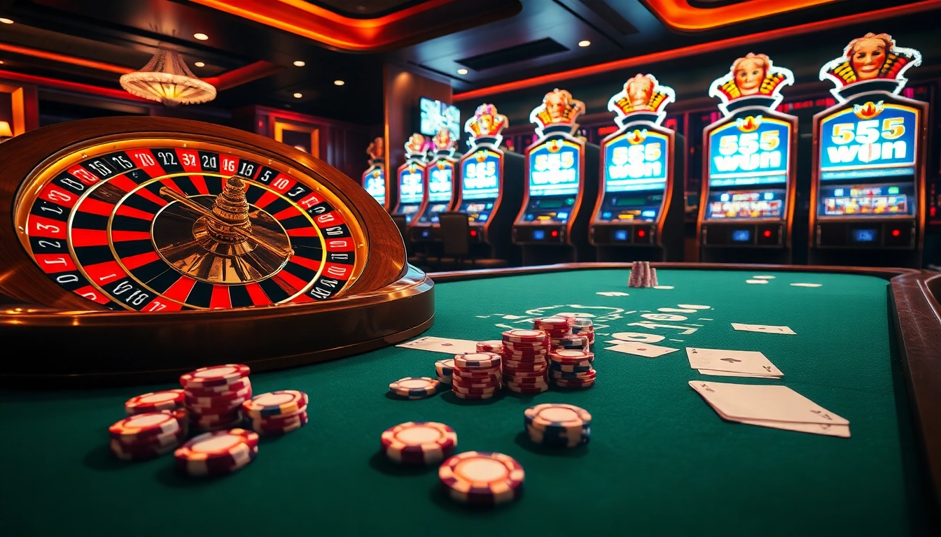 Experience the thrilling 555 win at a luxurious casino table filled with poker chips and cards.