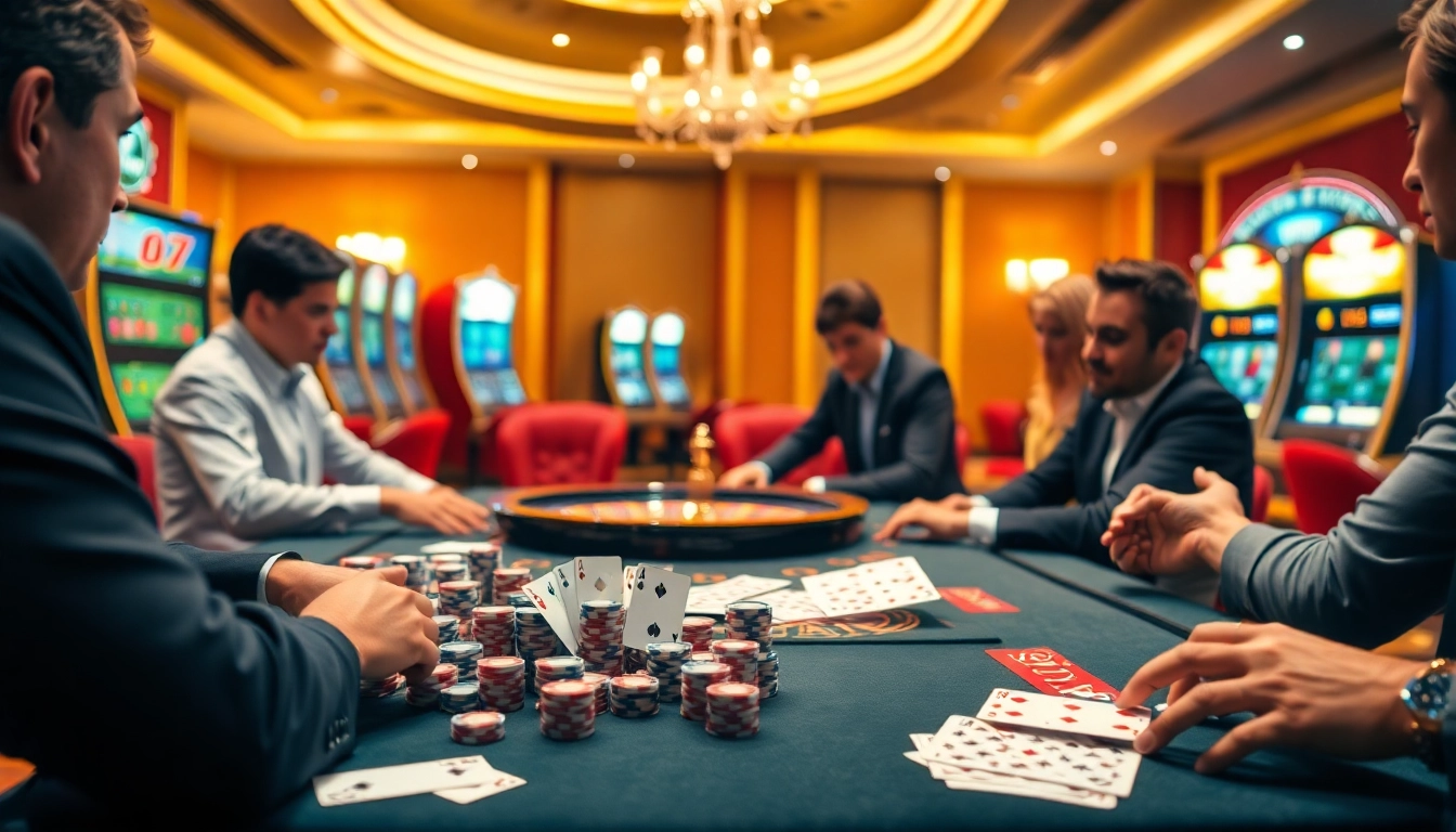 Experience excitement at rikvip with players engaged in intense casino games filled with poker chips and cards.