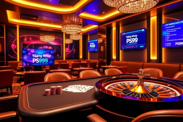 Experience the excitement of Đăng Nhập PS99 at a vibrant casino table with poker chips and cards.