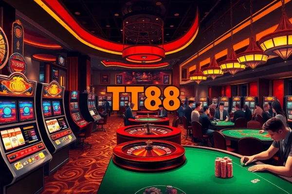 Experience the luxury of TT88 with vibrant slot machines and poker tables in a high-end casino setting.