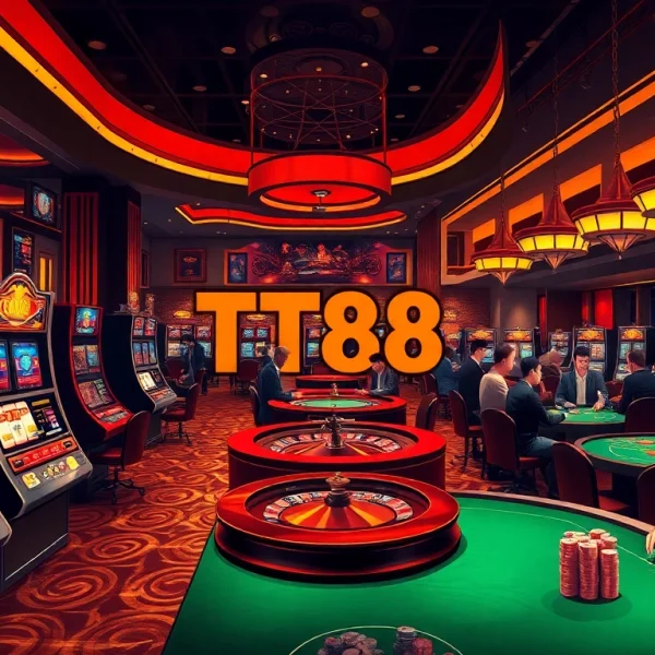 Experience the luxury of TT88 with vibrant slot machines and poker tables in a high-end casino setting.