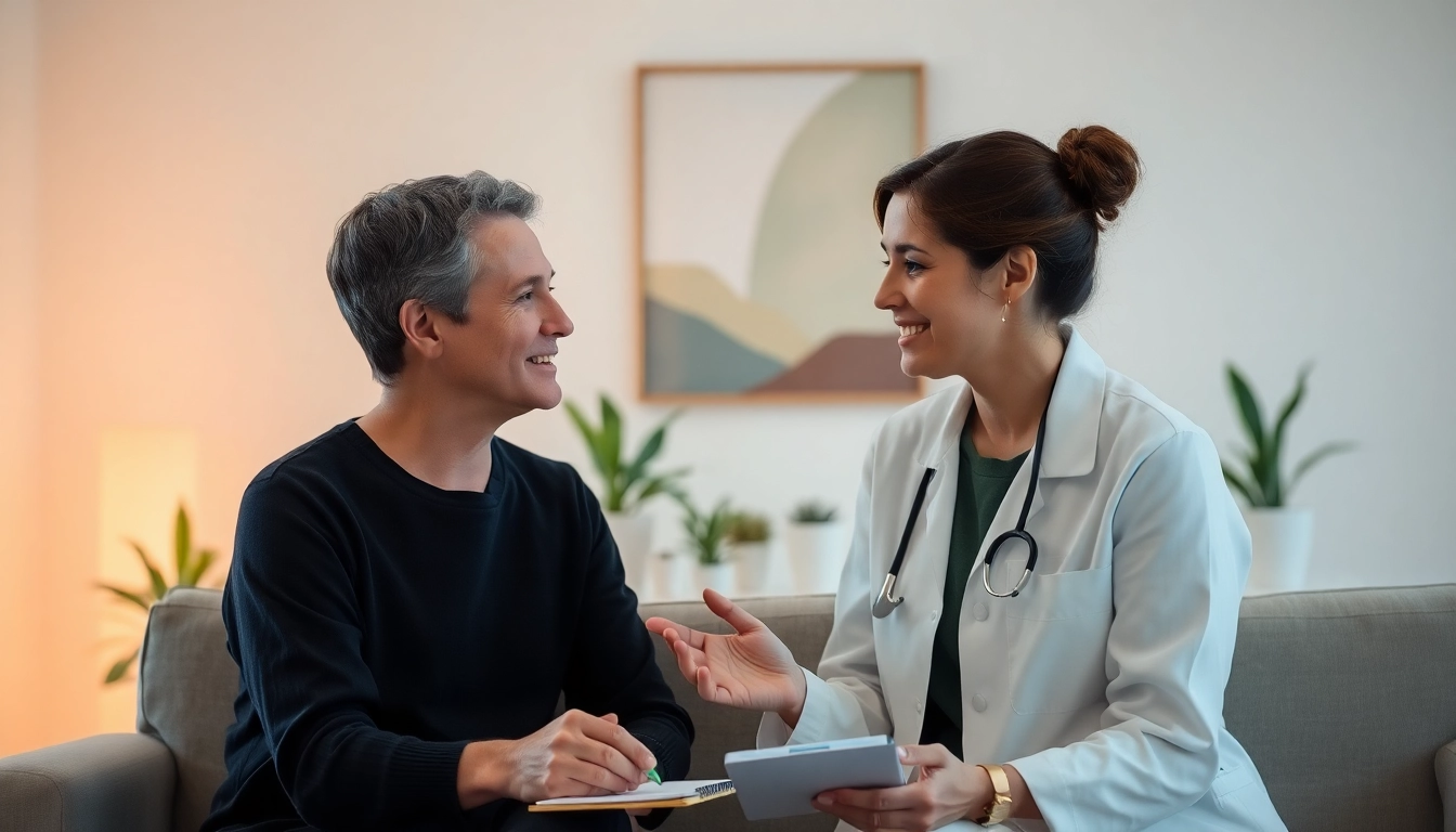 Therapist discusses depression symptoms with client in a serene environment, emphasizing empathy and support.