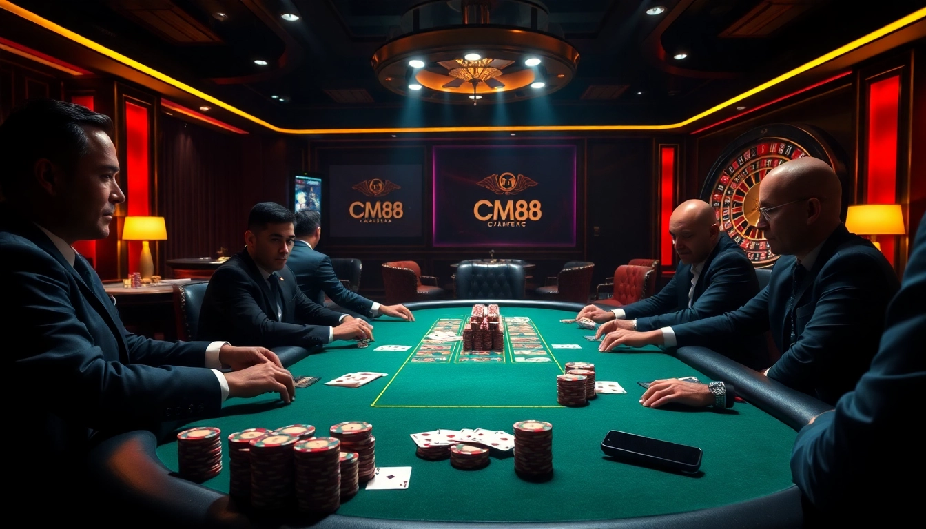 Exciting poker game at CM88 casino featuring luxurious chips and high-stakes cards.