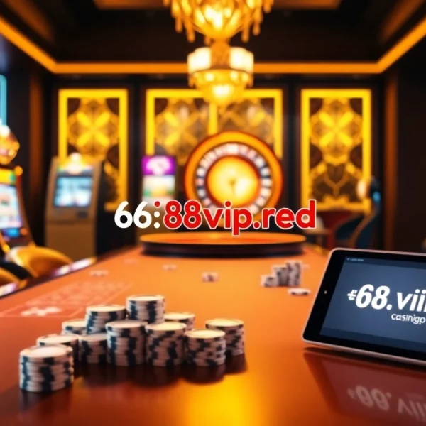 Engage in an exciting online gaming experience at https://68vip.red/ featuring vibrant slot machines and poker chips.