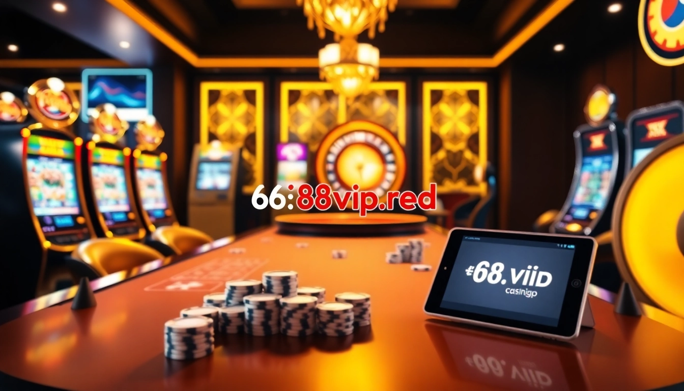 Engage in an exciting online gaming experience at https://68vip.red/ featuring vibrant slot machines and poker chips.